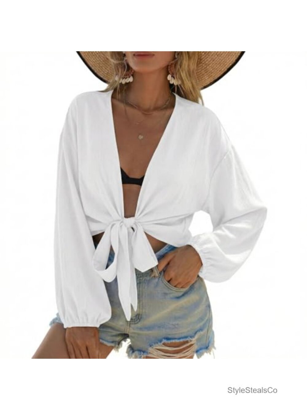 Ekouaer Women's Swimsuit Cover Up Tie Front Long Sleeve Top